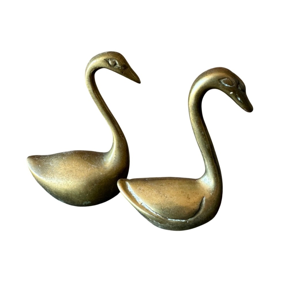 Vintage Solid Brass Swan Figurines Pair Mid Century Modern Gold Bird Decor Set
